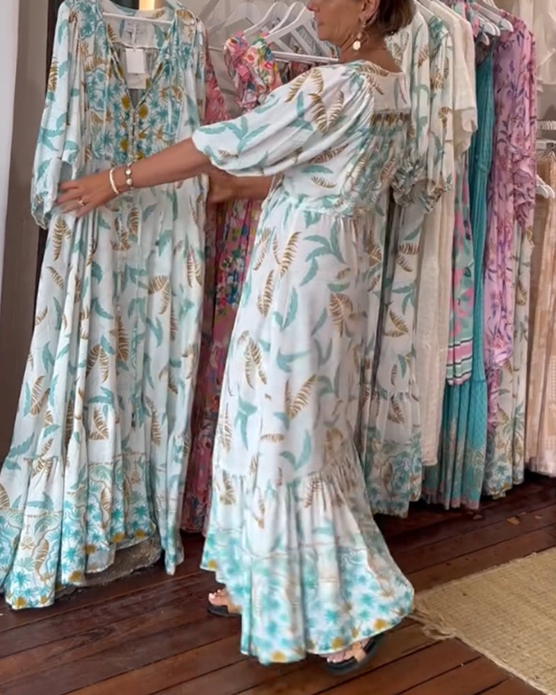 Damen Maxikleid mit V-Ausschnitt und Blattdruck