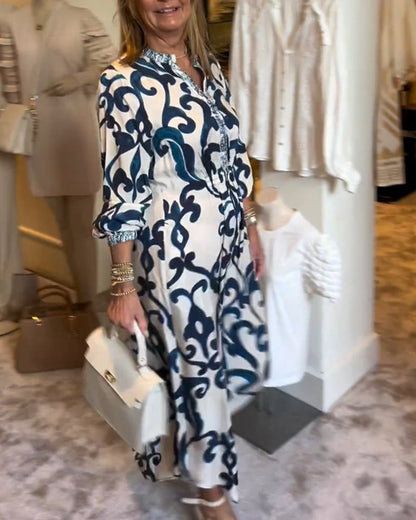 V-Ausschnitt Bedrucktes Lockeres Kleid