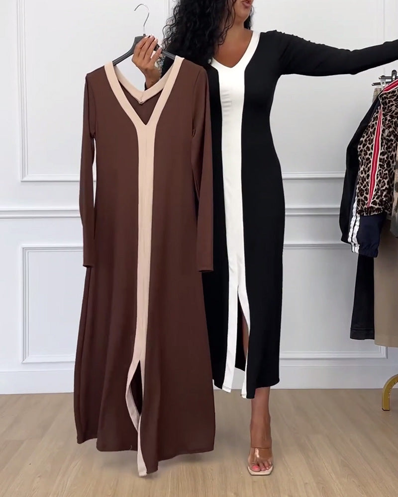 Kontrastfarbe V-Ausschnitt Schlitz elegantes Kleid