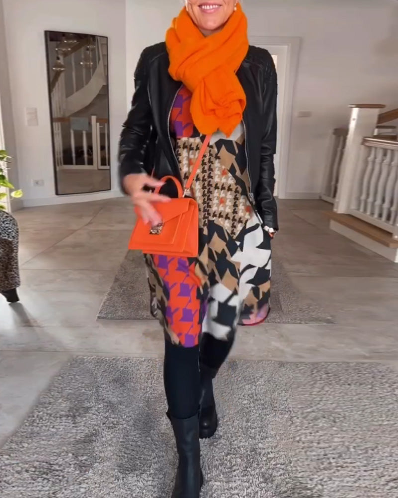 Bedrucktes V-Ausschnitt Langarmkleid