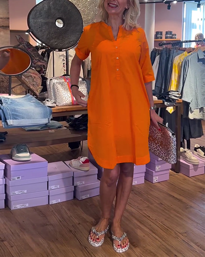 Einfarbiges, knöpfbares, lässiges, lockeres Kleid