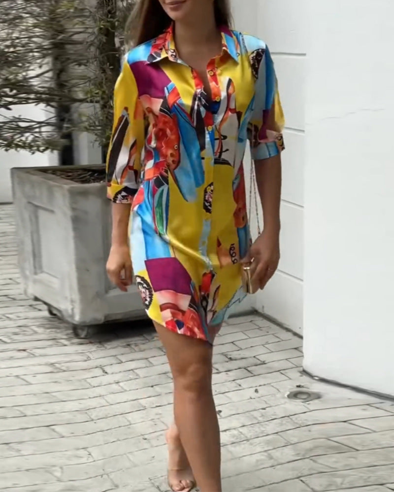 Lapel bunt bedrucktes Freizeitkleid