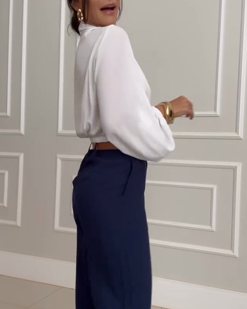 Mode unifarbene V-Ausschnitt Laternenärmel Bluse