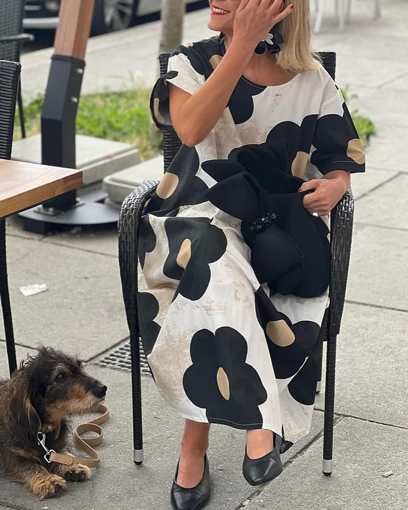 Blumenmuster Crew-Neck Taschen lockeres Kleid