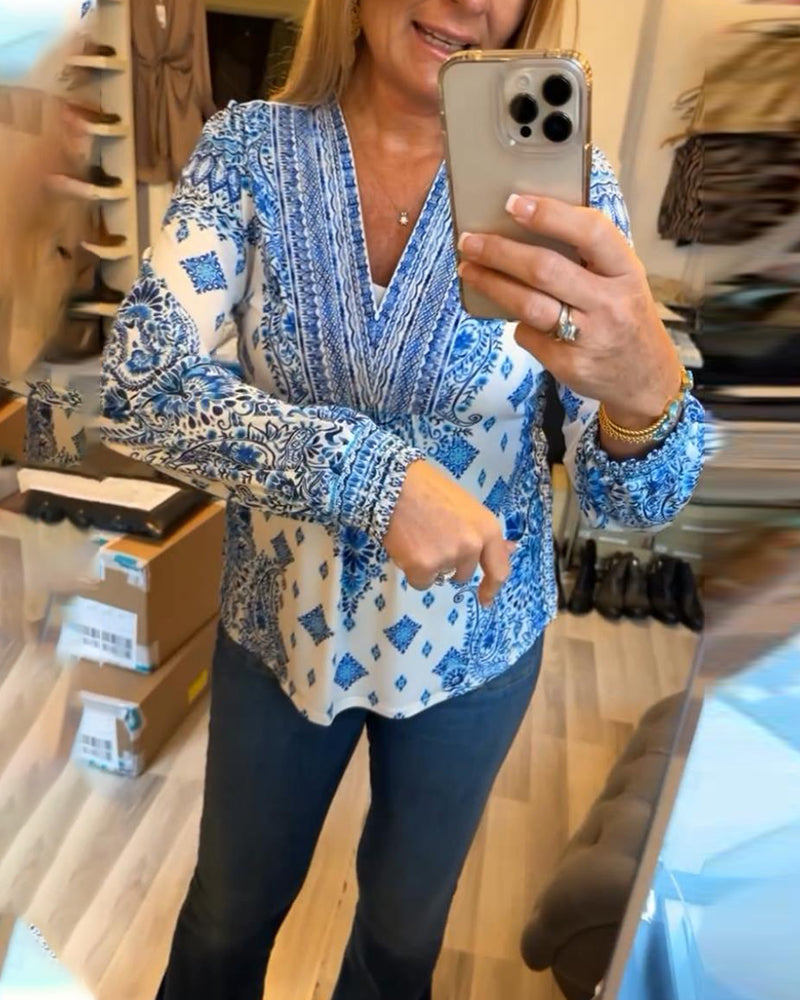 Lässiges V-Ausschnitt bedrucktes Oberteil