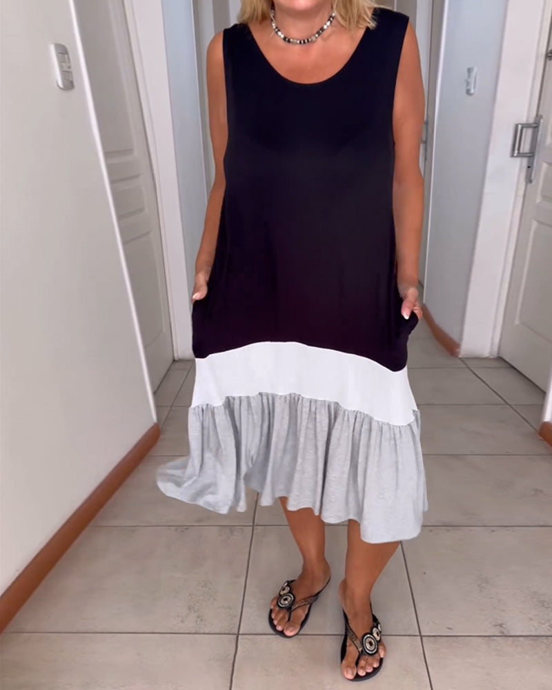 Farbblockiertes ärmelloses Rundhalskleid