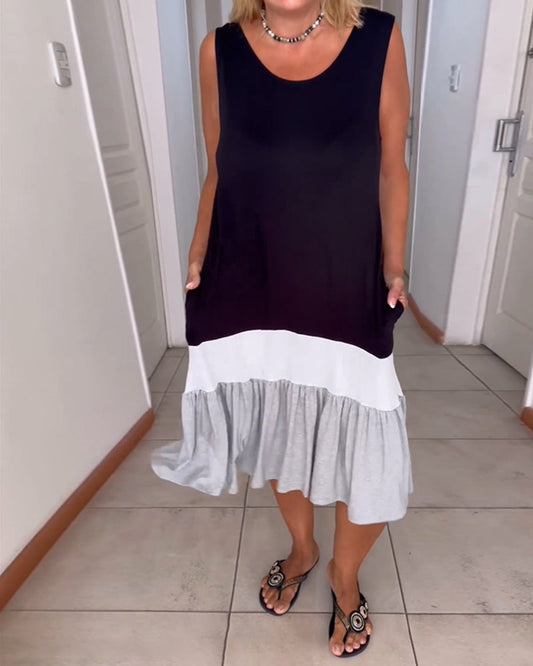Farbblockiertes ärmelloses Rundhalskleid