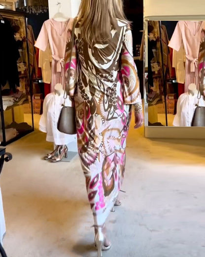 V-Ausschnitt lässiges bedrucktes langes Kleid