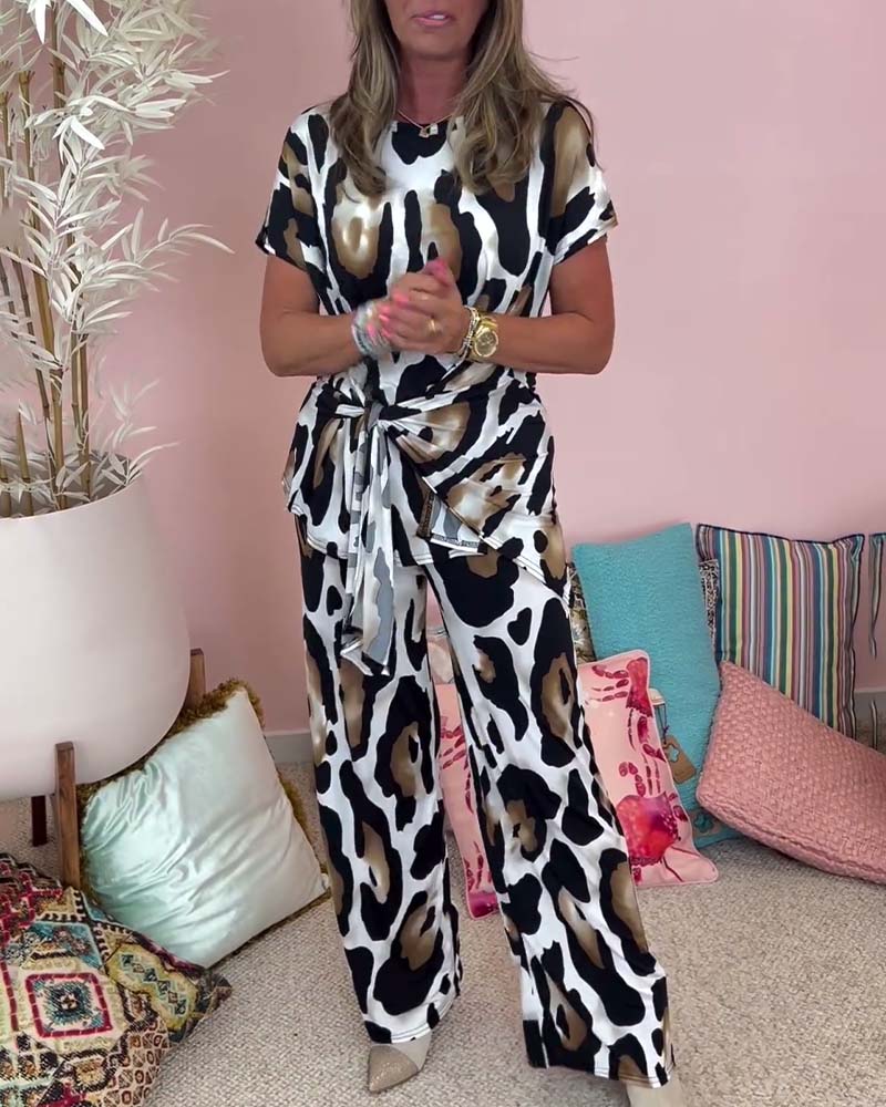 Leopard-Print Schnürung lässiges Zweiteiler-Set