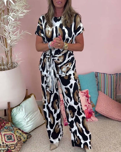 Leopard-Print Schnürung lässiges Zweiteiler-Set