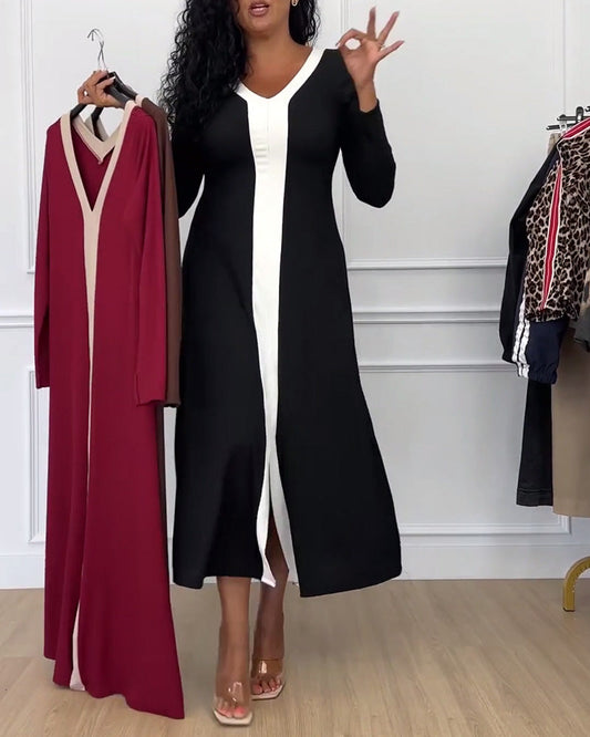 Kontrastfarbe V-Ausschnitt Schlitz elegantes Kleid