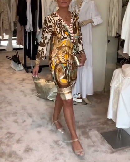 Retro-Druck V-Ausschnitt Freizeitkleid