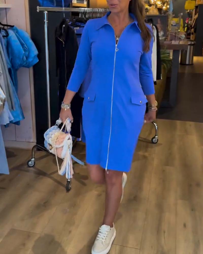 Revers Einfarbiger Reißverschluss Langarmkleid