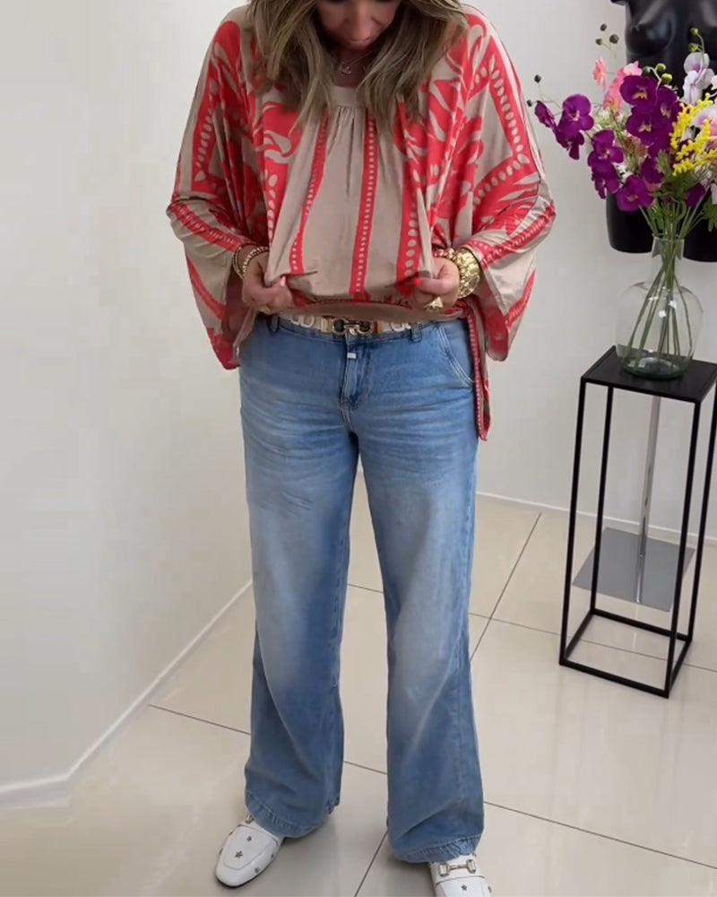 Bedrucktes, lässiges Langarmoberteil mit Rundhalsausschnitt