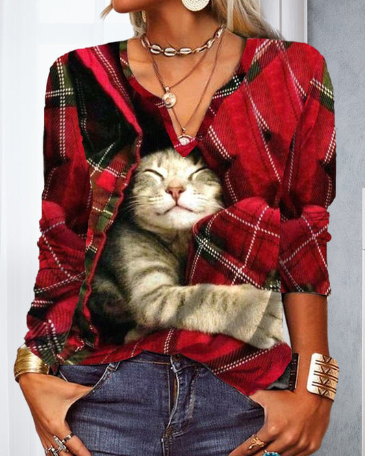 Katze Patchwork Langarmshirt