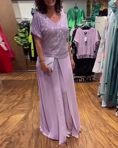 V-Ausschnitt kurzärmlige lockere Paillettenbluse