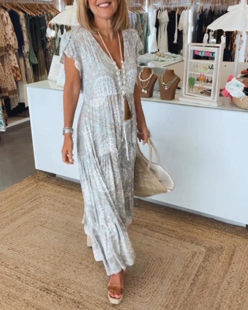 Urlaubsdruck V-Ausschnitt Kleid mit Schlitzärmeln