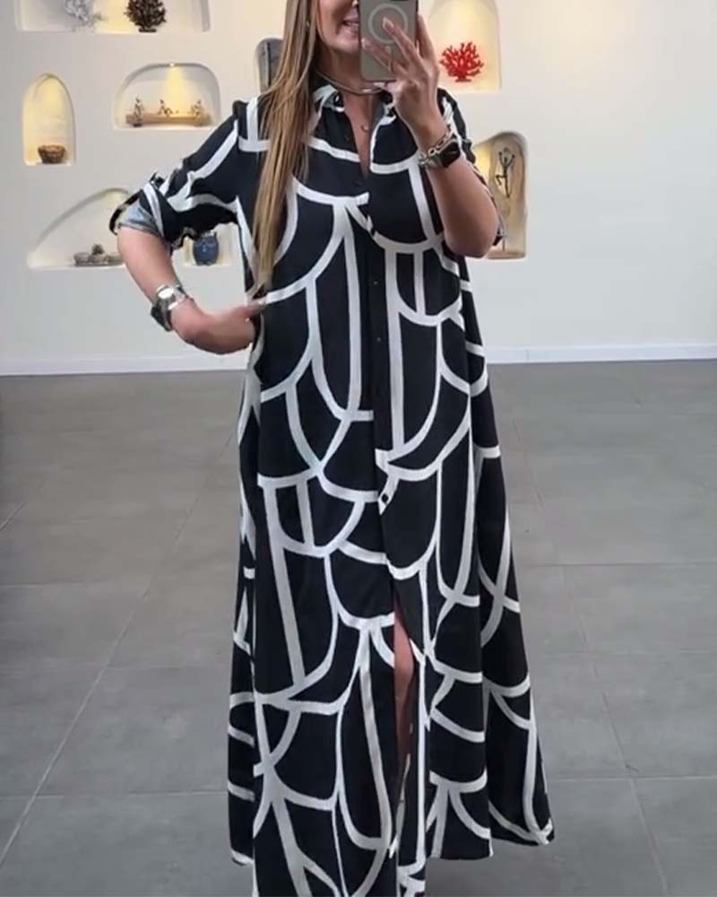 Kontrastdruck Revers langes Schlitzkleid