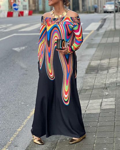 Langärmliges, elegantes Maxikleid mit schulterfreiem Schnitt