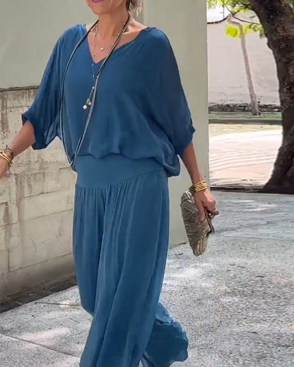 Einfarbiger V-Ausschnitt lässiger Zweiteiler