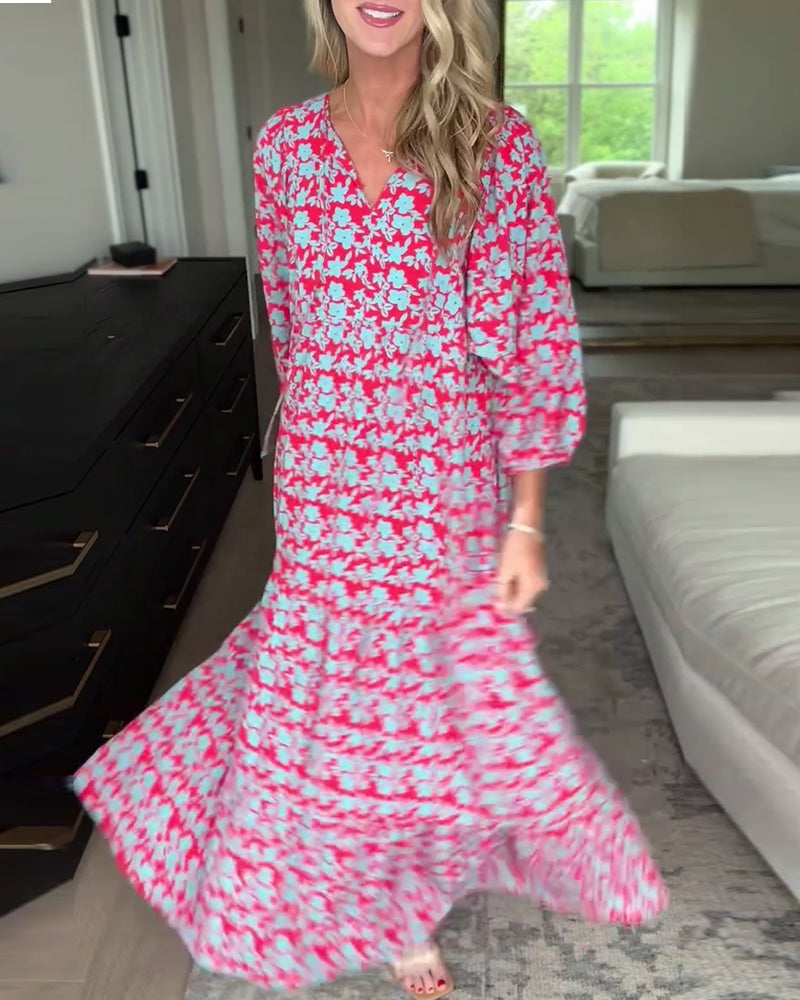 V-Ausschnitt Laternenärmel Blumenlanges Kleid