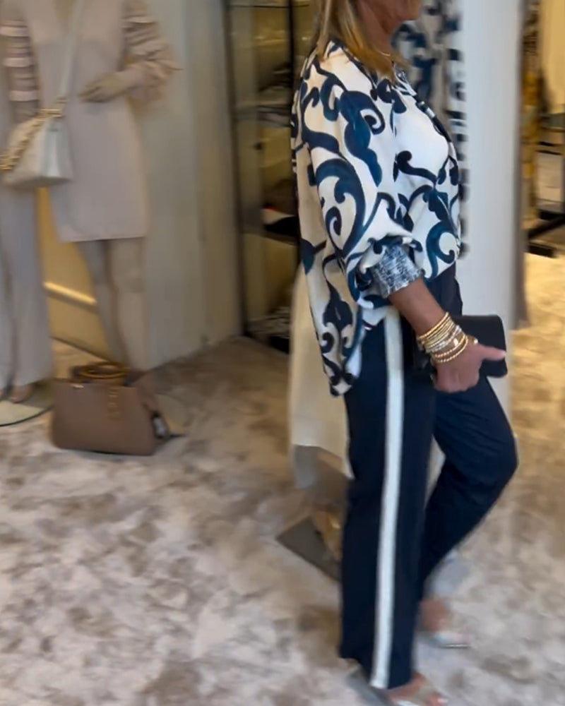 Retro-Muster Druck Laternenärmel Bluse