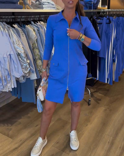 Revers Einfarbiger Reißverschluss Langarmkleid