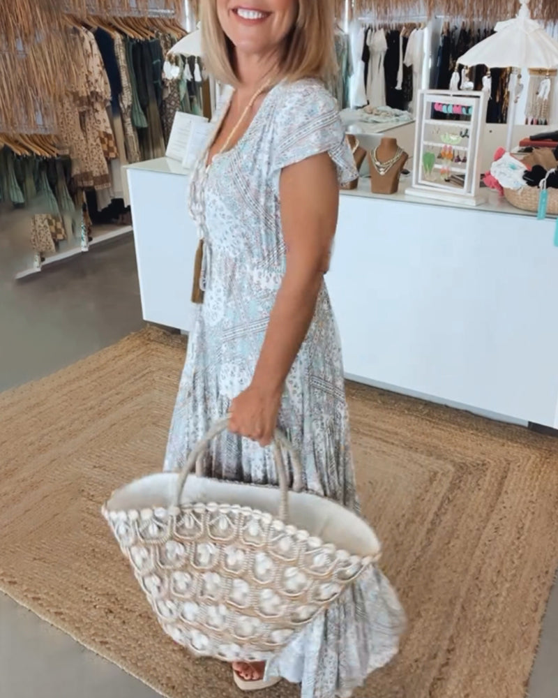 Urlaubsdruck V-Ausschnitt Kleid mit Schlitzärmeln