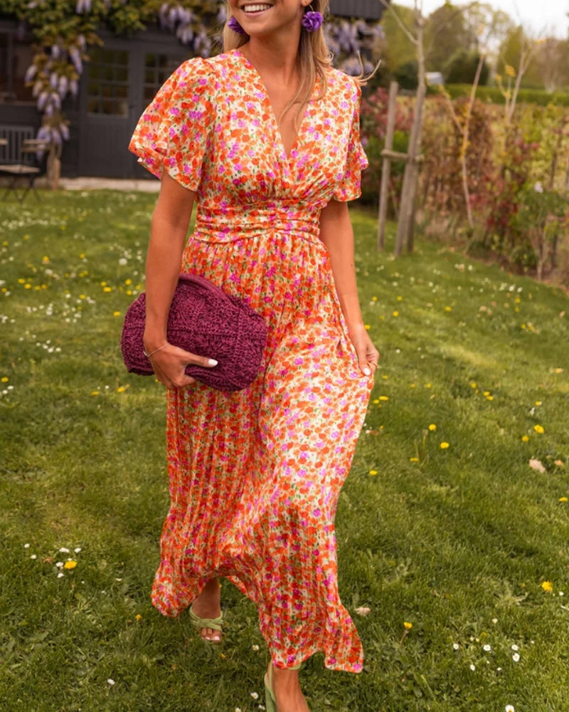 V-Ausschnitt Taillenblumen Kleid