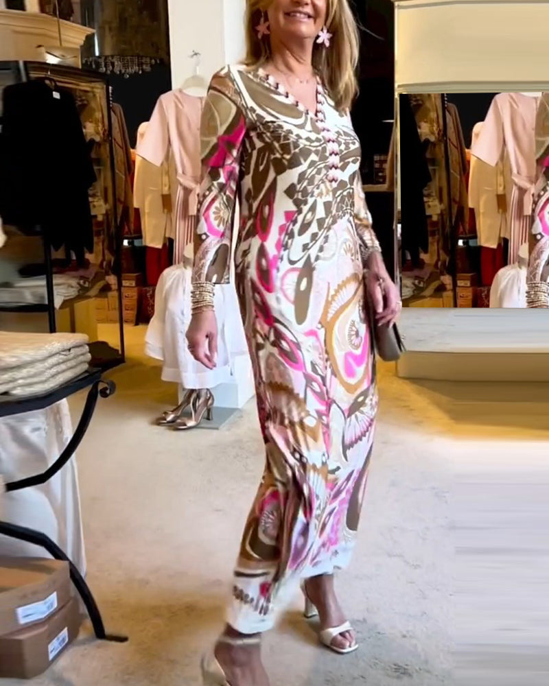 V-Ausschnitt lässiges bedrucktes langes Kleid