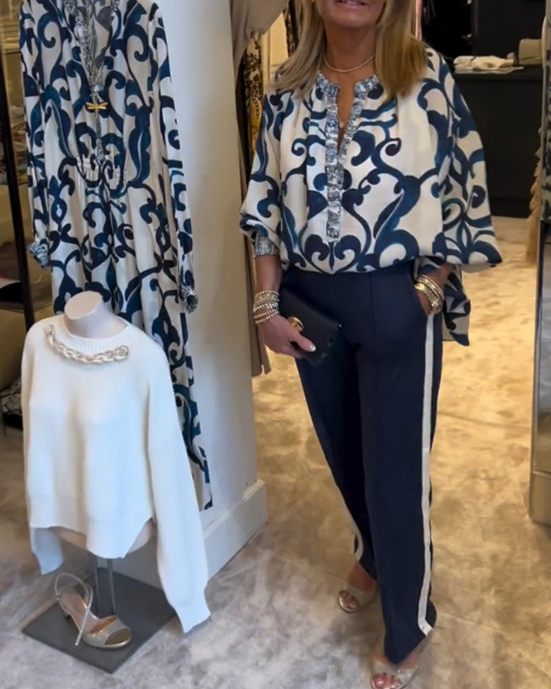 Retro-Muster Druck Laternenärmel Bluse