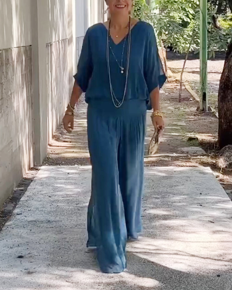 Einfarbiger V-Ausschnitt lässiger Zweiteiler