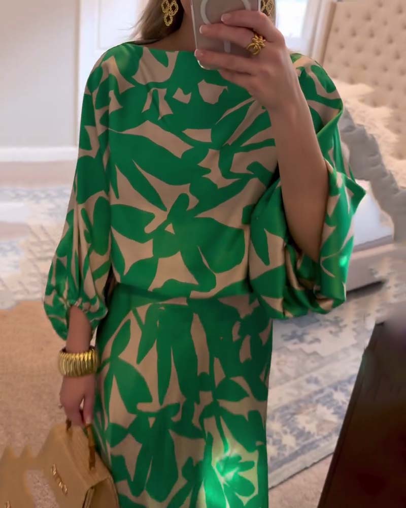 Temperament Gedruckte Laternenärmel Freizeitkleid Set