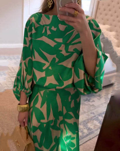 Temperament Gedruckte Laternenärmel Freizeitkleid Set