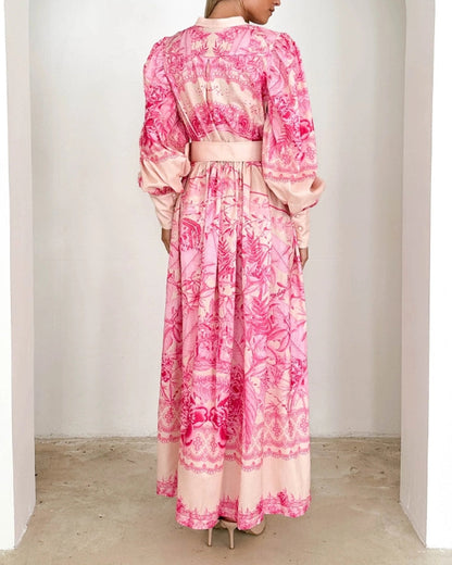 Laternenärmel Knopf Druck Kleid