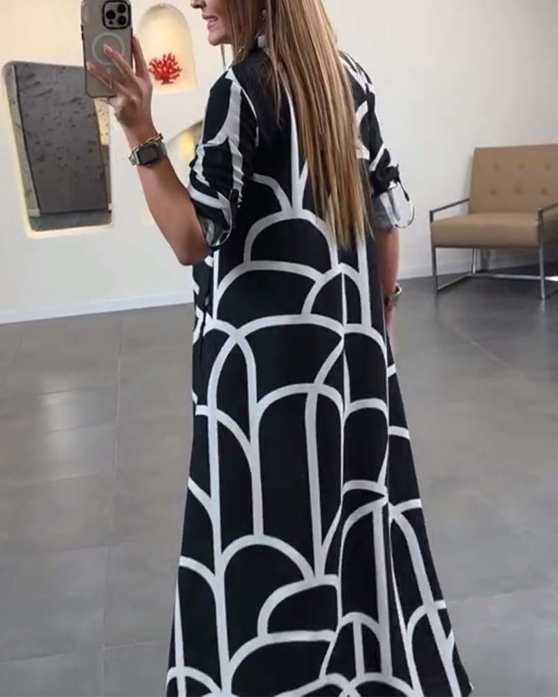 Kontrastdruck Revers langes Schlitzkleid