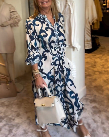 V-Ausschnitt Bedrucktes Lockeres Kleid