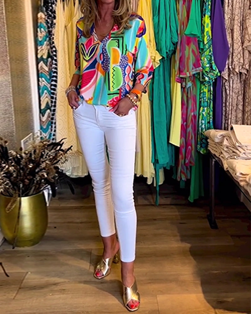 Langärmlige lockere bedruckte Bluse