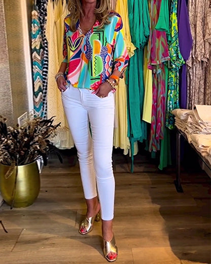 Langärmlige lockere bedruckte Bluse