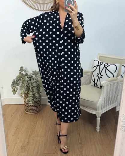 V-Ausschnitt lockeres Polka-Dot Kleid