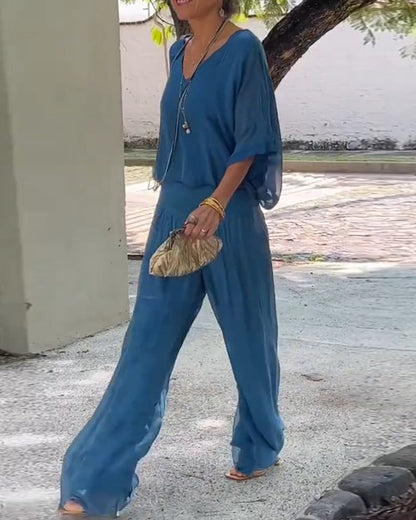 Einfarbiger V-Ausschnitt lässiger Zweiteiler