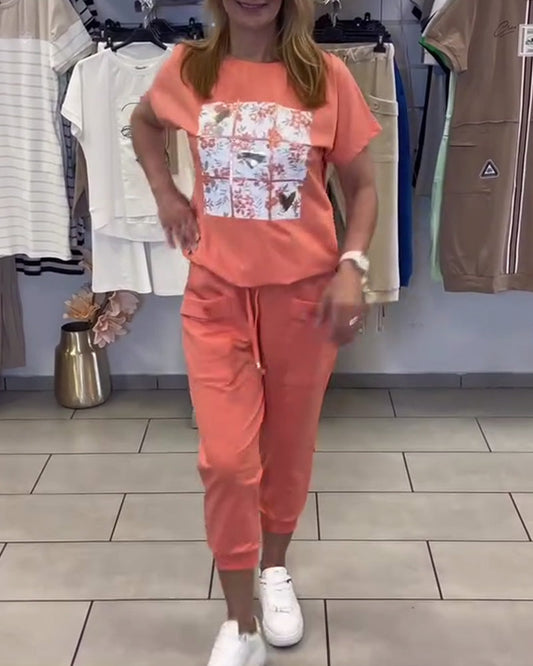 Lässiges bedrucktes Cropped-Hosen-Set