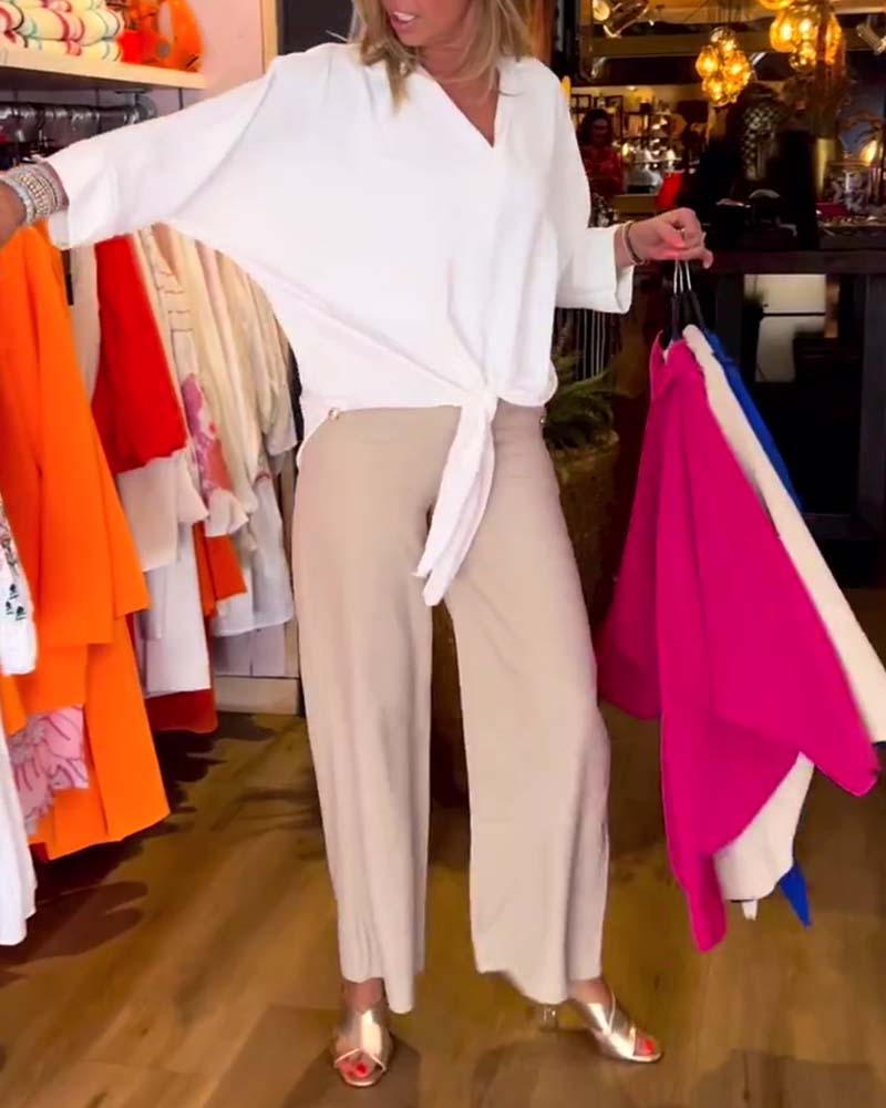 Einfarbige V-Ausschnitt Bluse