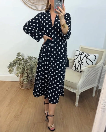V-Ausschnitt lockeres Polka-Dot Kleid