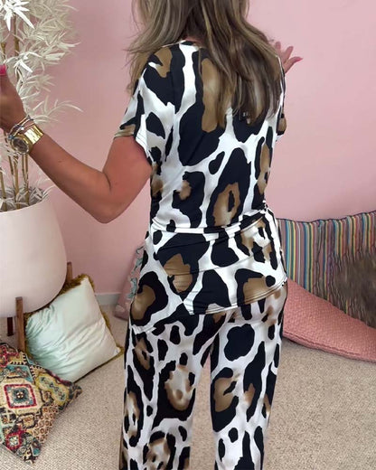 Leopard-Print Schnürung lässiges Zweiteiler-Set