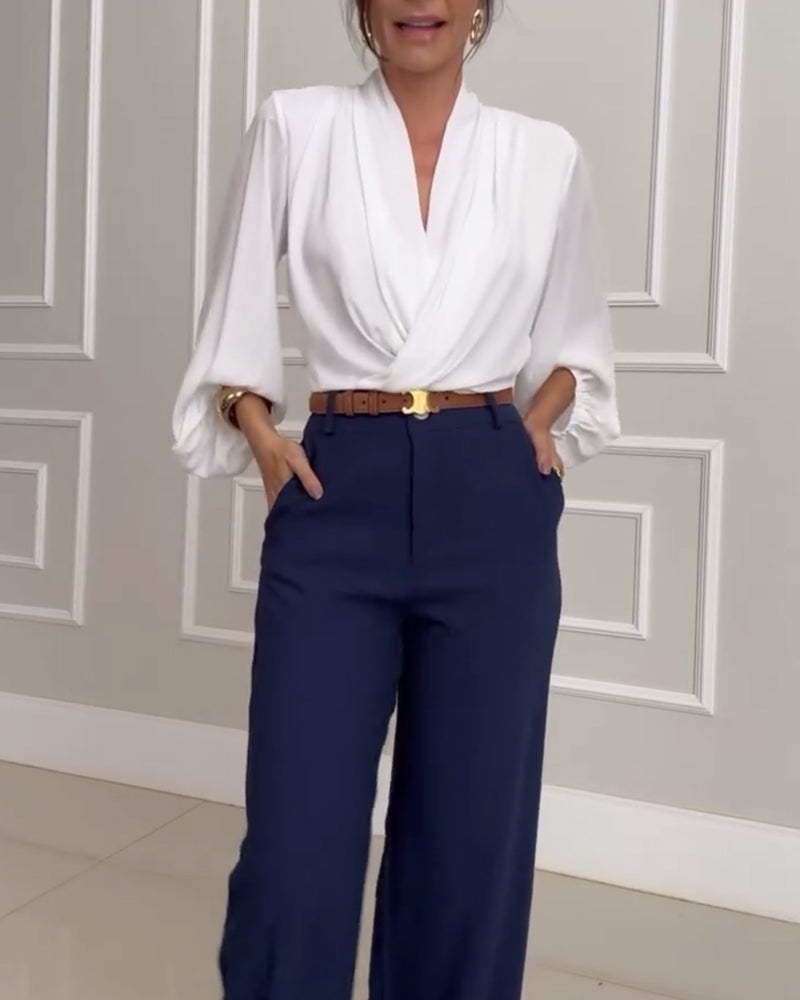 Mode unifarbene V-Ausschnitt Laternenärmel Bluse