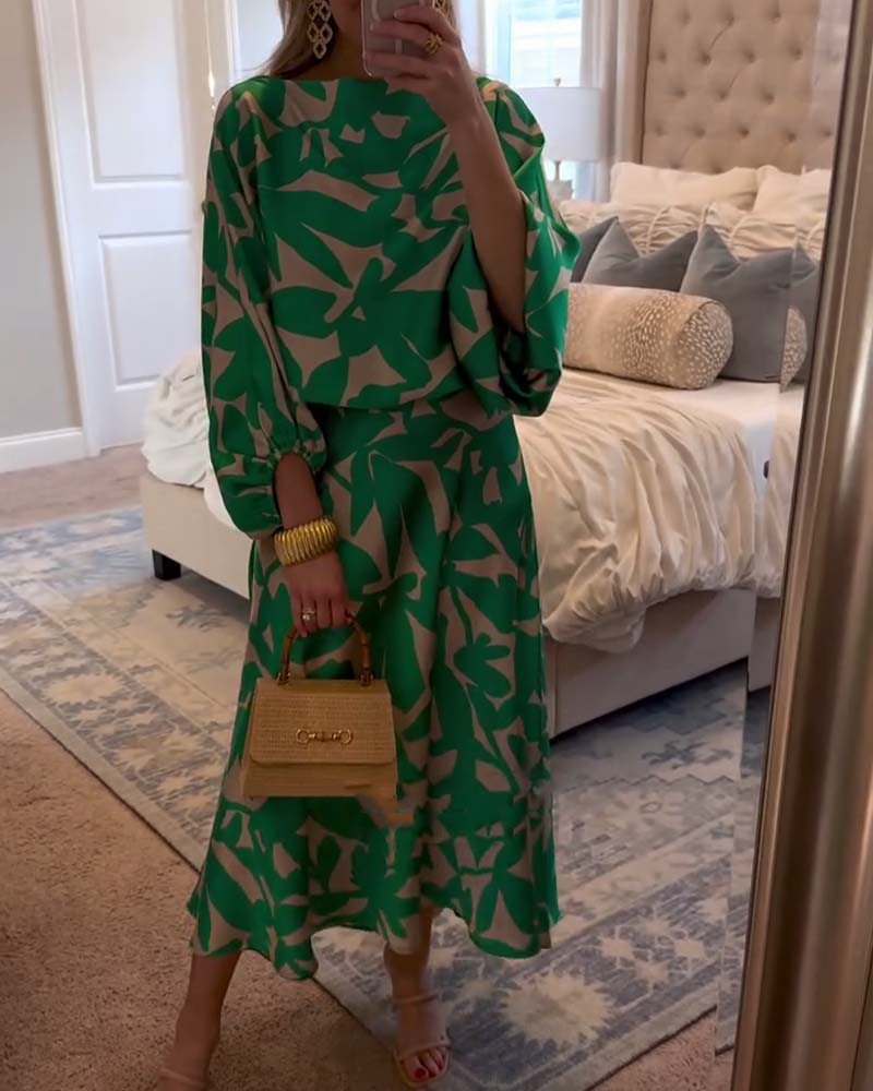 Temperament Gedruckte Laternenärmel Freizeitkleid Set