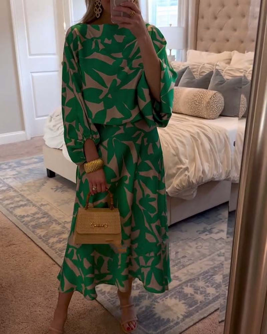 Temperament Gedruckte Laternenärmel Freizeitkleid Set