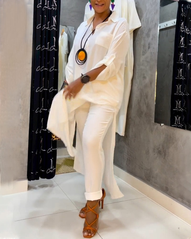 Einfarbiges Revers-Taschenkleid