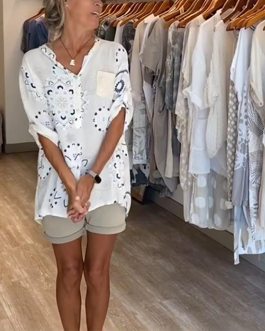 Vielseitige V-Ausschnitt Bedruckte Bluse mit Halben Ärmeln